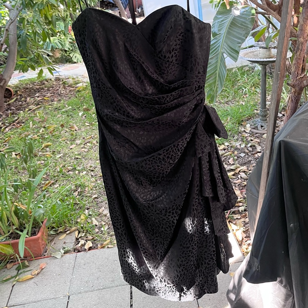 Vintage I.magnin 100% Silk burnout printed black strapless dress